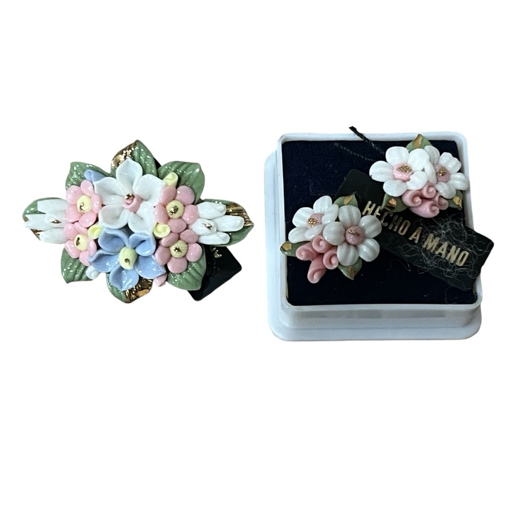 Vintage Hecho a Mano earrings & Pin Set Floral Porcelain NEW